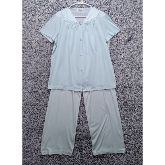 Vanity Fair Other - Vintage Vanity Fair Sheer Pajama Set Size L Button Up Wide Leg Lightweight Blue